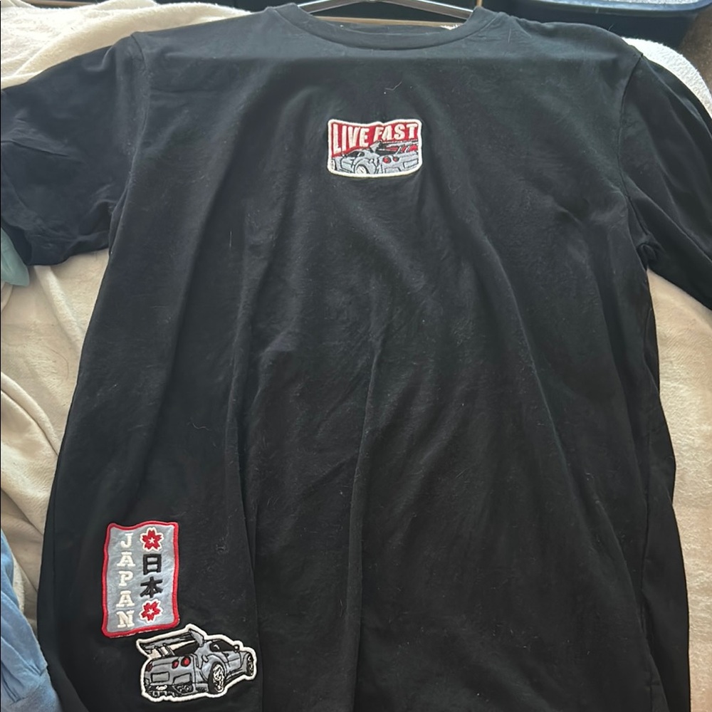 Black Short Sleeve Tee with Decorative Patches
